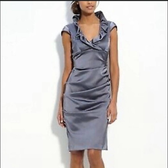 Xscape Ruffle Collar Shimmer Satin Sheath formal dress - Picture 1 of 9